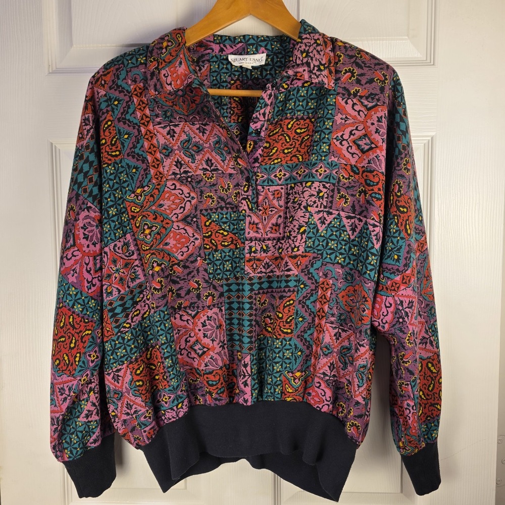 Vtg Stuart Lang Abstract Dolman Sleeve Blouse Geometric Multicolored Top Size 10